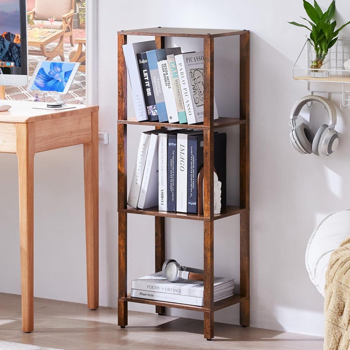 4 Tier Tall Wooden Bookshelf with Storage - Small Bookcase for Small Spaces, Shelf for Living Room, Office, Bedroom, Kitchen - Industrial Retro Brown Book Shelf