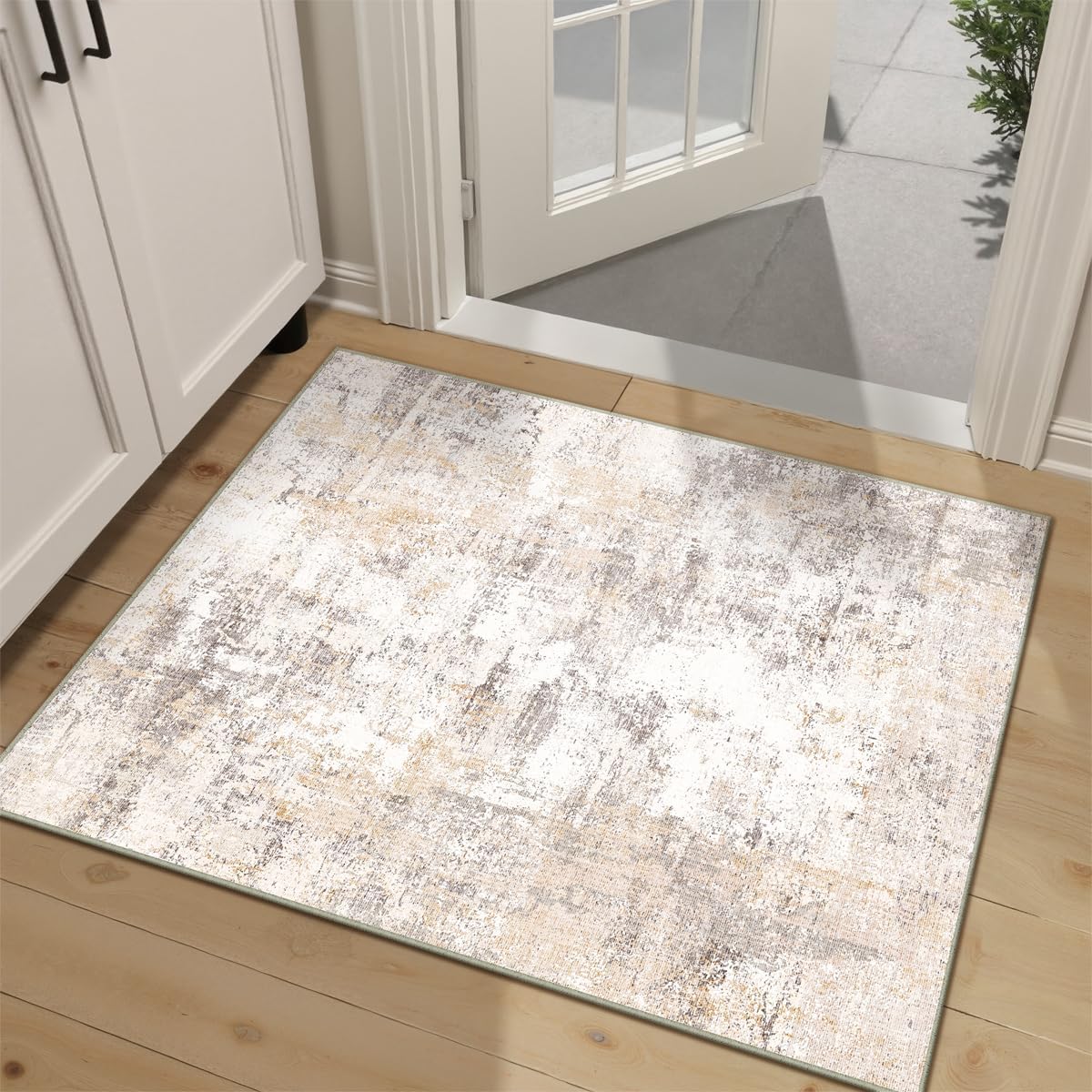 2x3 Washable Area Rug Beige Grey Neutral Abstract Entryway Kitchen Non Slip Low Pile Throw Rug Living Room Bedroom Indoor Doormat Small Soft Carpet for Entrance Bathroom