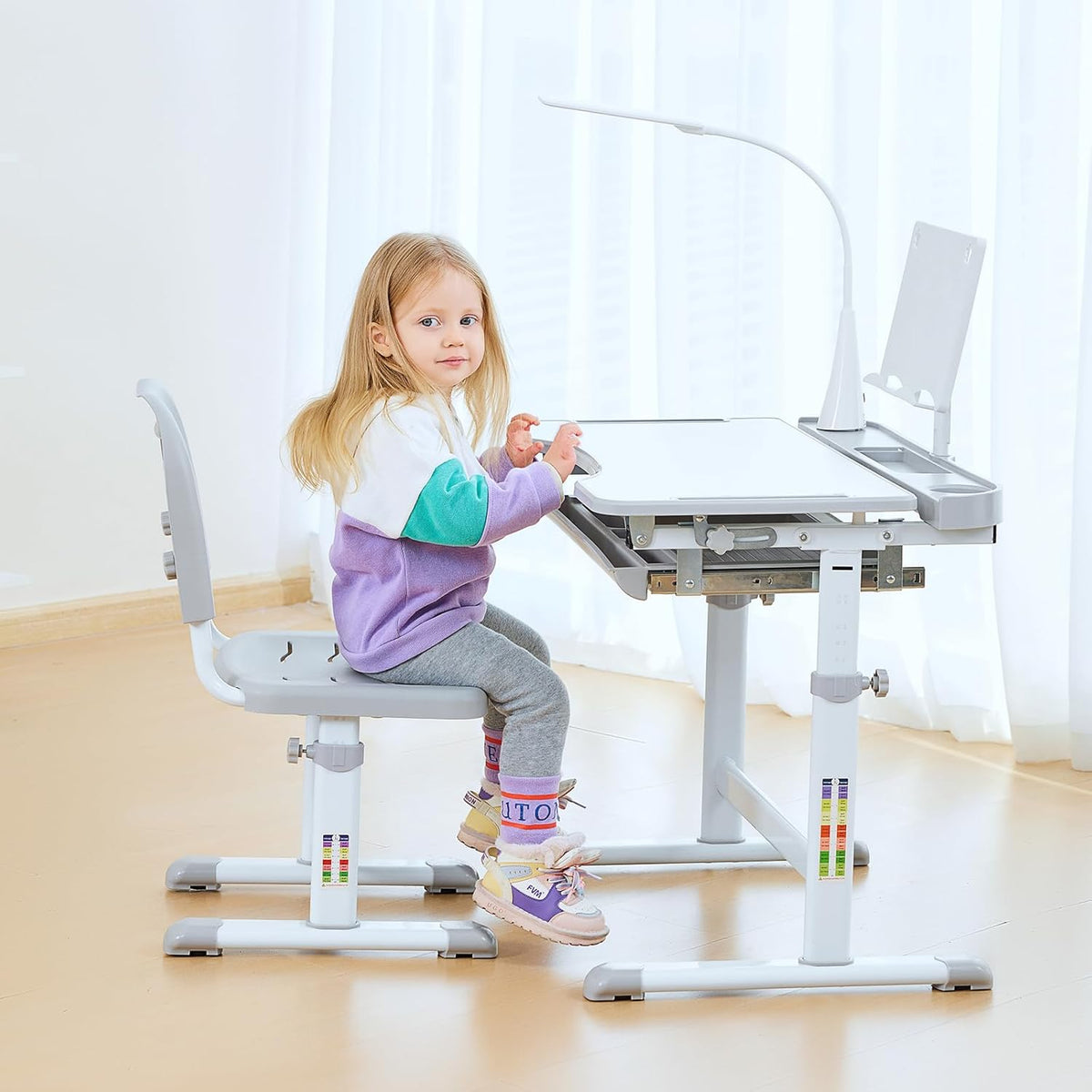 Diroan Kids Functional Desk and Chair Set, Ergonomic Height Adjustable Children School Study Desk with Tilt Desktop, Book Stand, LED Light, Metal Hook and Storage Drawer for Boys Girls(Grey)