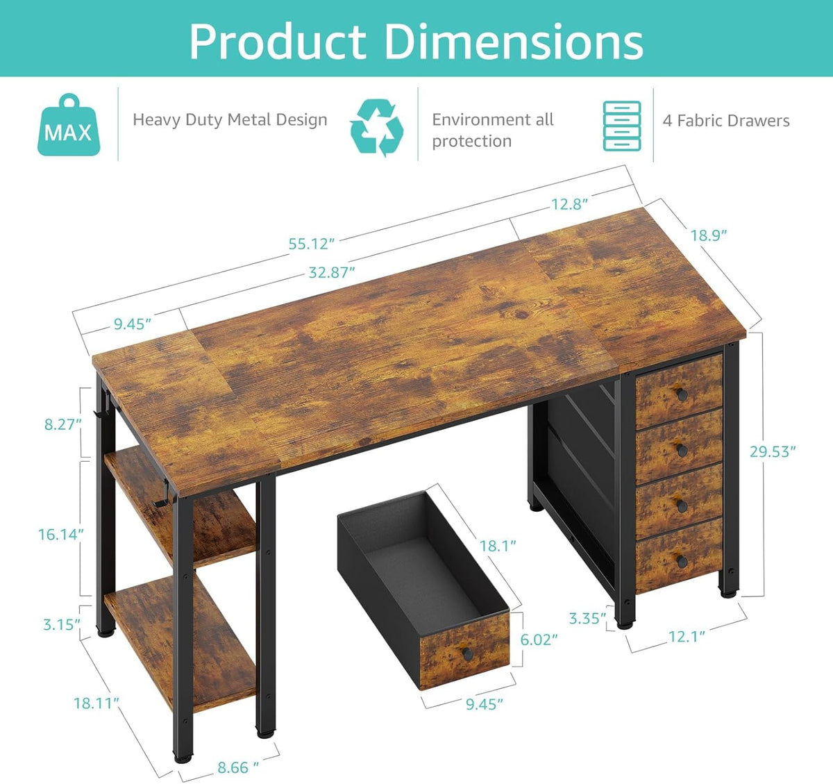 Lufeiya 55 inch Computer Desk with 4 Fabric Drawers & Storage Shelves, Writing Work Study Desk for Home Office Bedroom, Modern Simple Student PC Desks Table, Rustic Brown