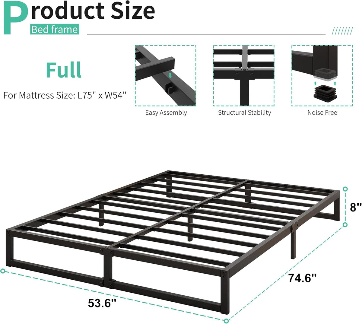 8 Inch Full Bed Frame No Box Spring Needed, Heavy Duty Metal Platform Beds with Sturdy Steal Slats for Mattress Foundation, Easy Assembly, Noise Free, Black