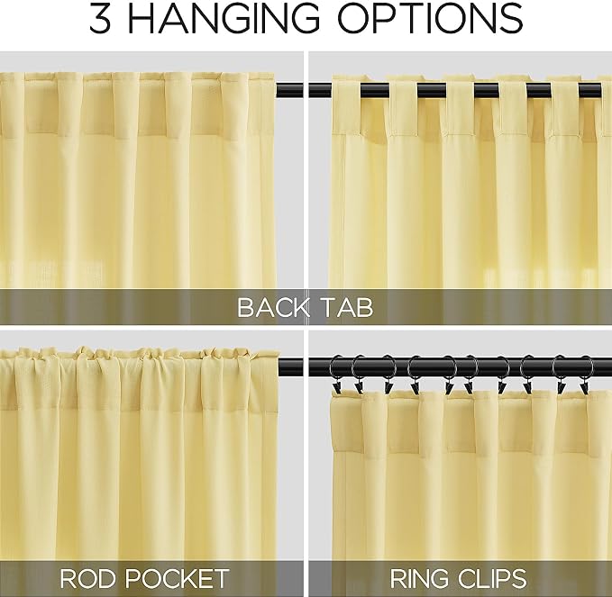 Yellow Linen Semi Sheer Curtains 108 Inches Long 2 Panels Set Back Tab Loop