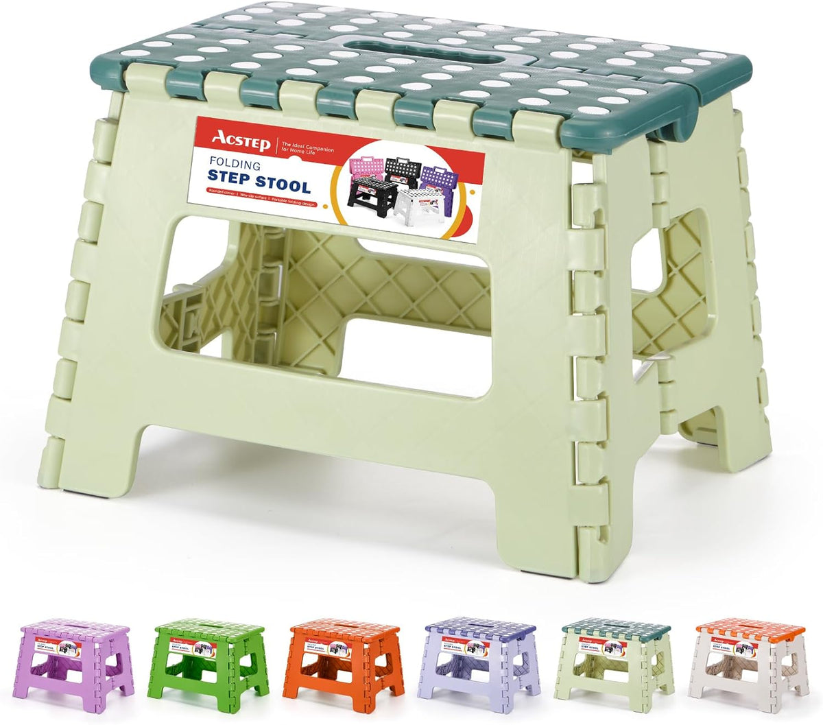 ACSTEP 9 Inch Folding Step Stool 300 LB Capacity Plastic Foldable Step Stools for Kids and Adults, Folding Stool Suitable for Kitchen, Stepping Stool with Handle Bicolor Green Small Step Stool 1PC