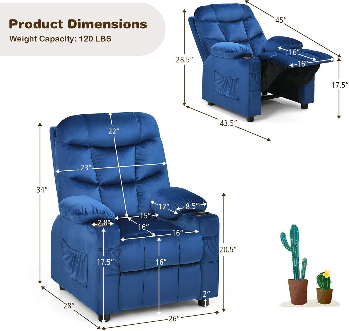 Costzon Kids Recliner Chair with Cup Holder, Adjustable Velvet Lounge Chair w/Footrest & Side Pockets for Children Boys Girls Room, Ergonomic Toddler Furniture Sofa Gifts, Kids Recliner (Blue)