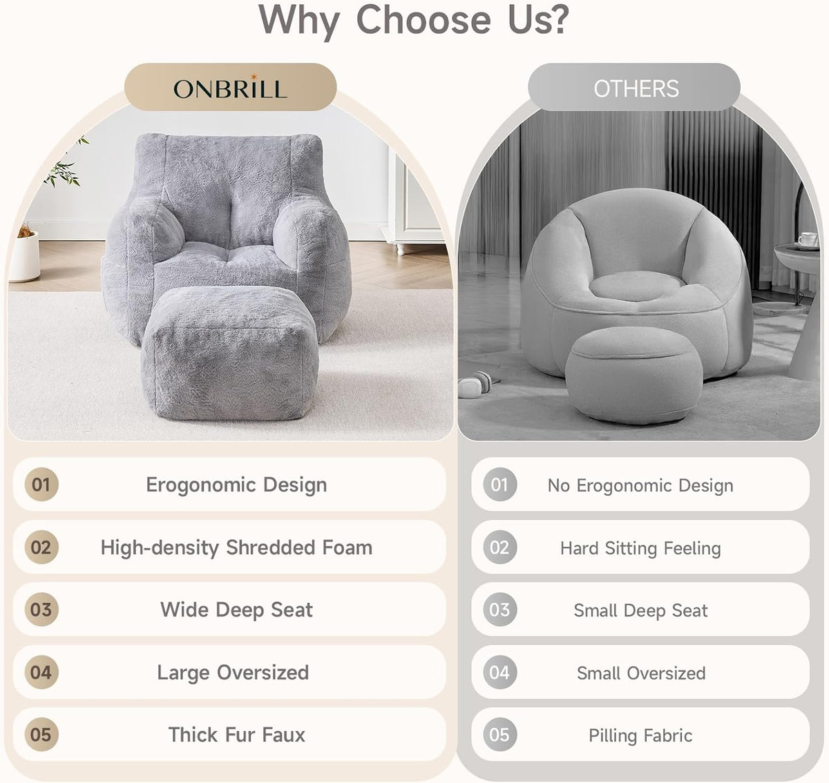 Giant Bean Bag Chairs for Adults with Ottoman, Faux Fur Boneless Chaise Couch Filler with Memory Foam,Large BeanBag Lounge Lazy Floor Sofa Accent Chair for Living Room,Bedroom & Game Rooms