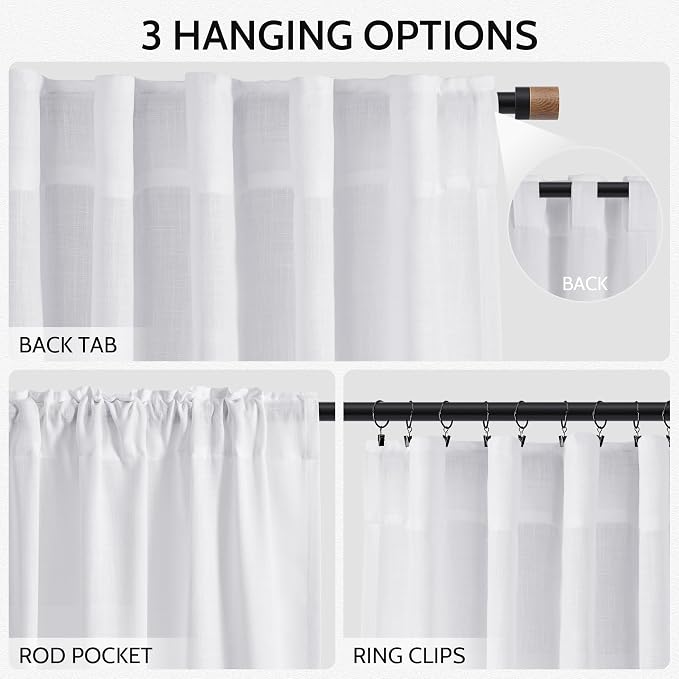 Nanspring Snow White Linen Curtains 96 Inches Long