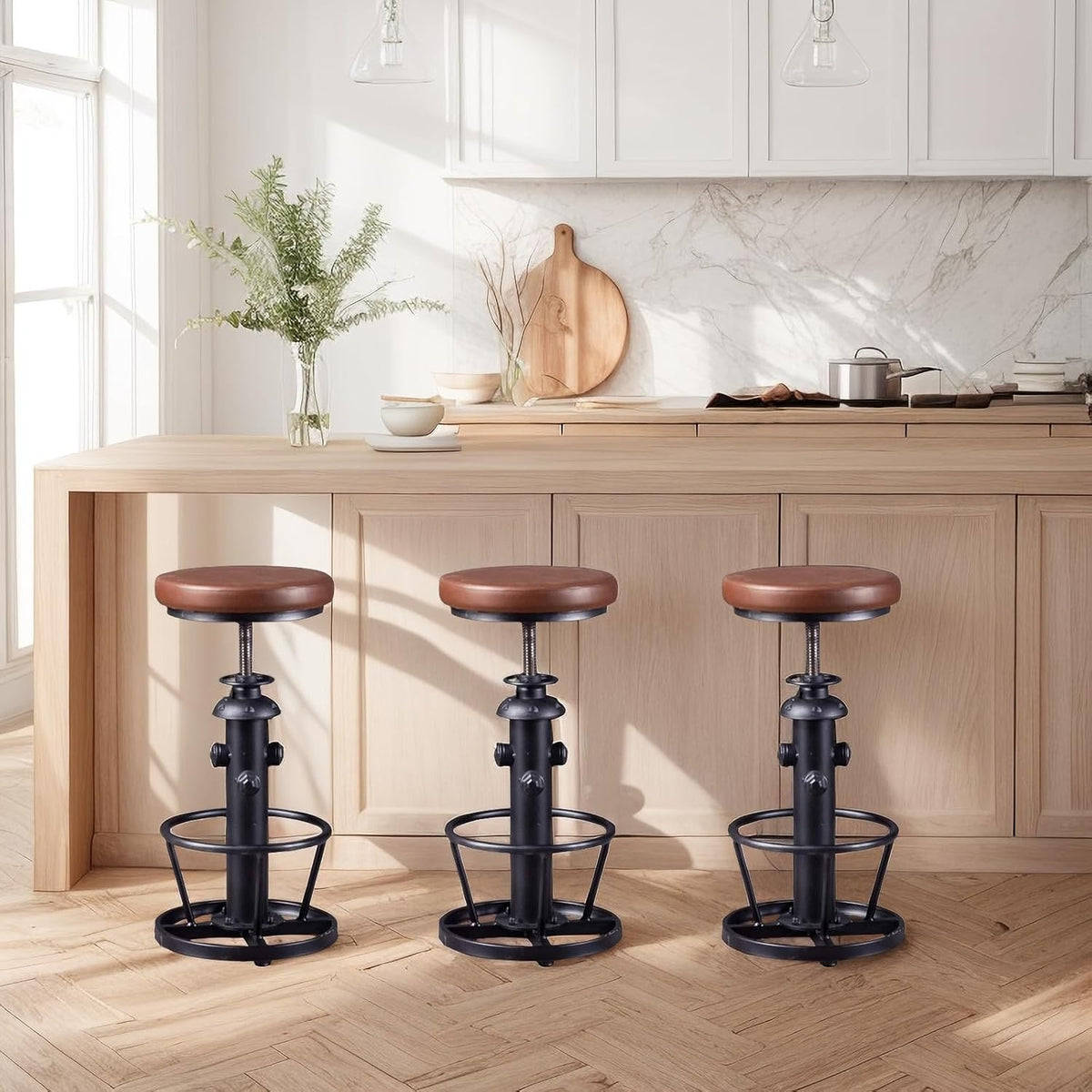 Farmhouse Bar Stools Swivel PU Seat 24-30inch Counter Height Adjustable Kitchen Island Dinning Stool Guest Chair Fire Hydrant Design