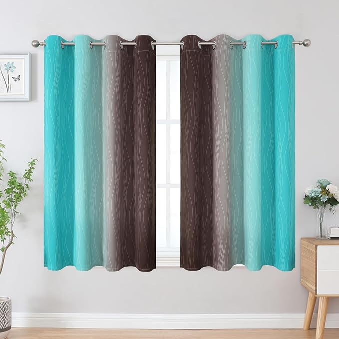 Estelar Textiler Teal and Brown Blackout Curtains 54 Inch Length, Light