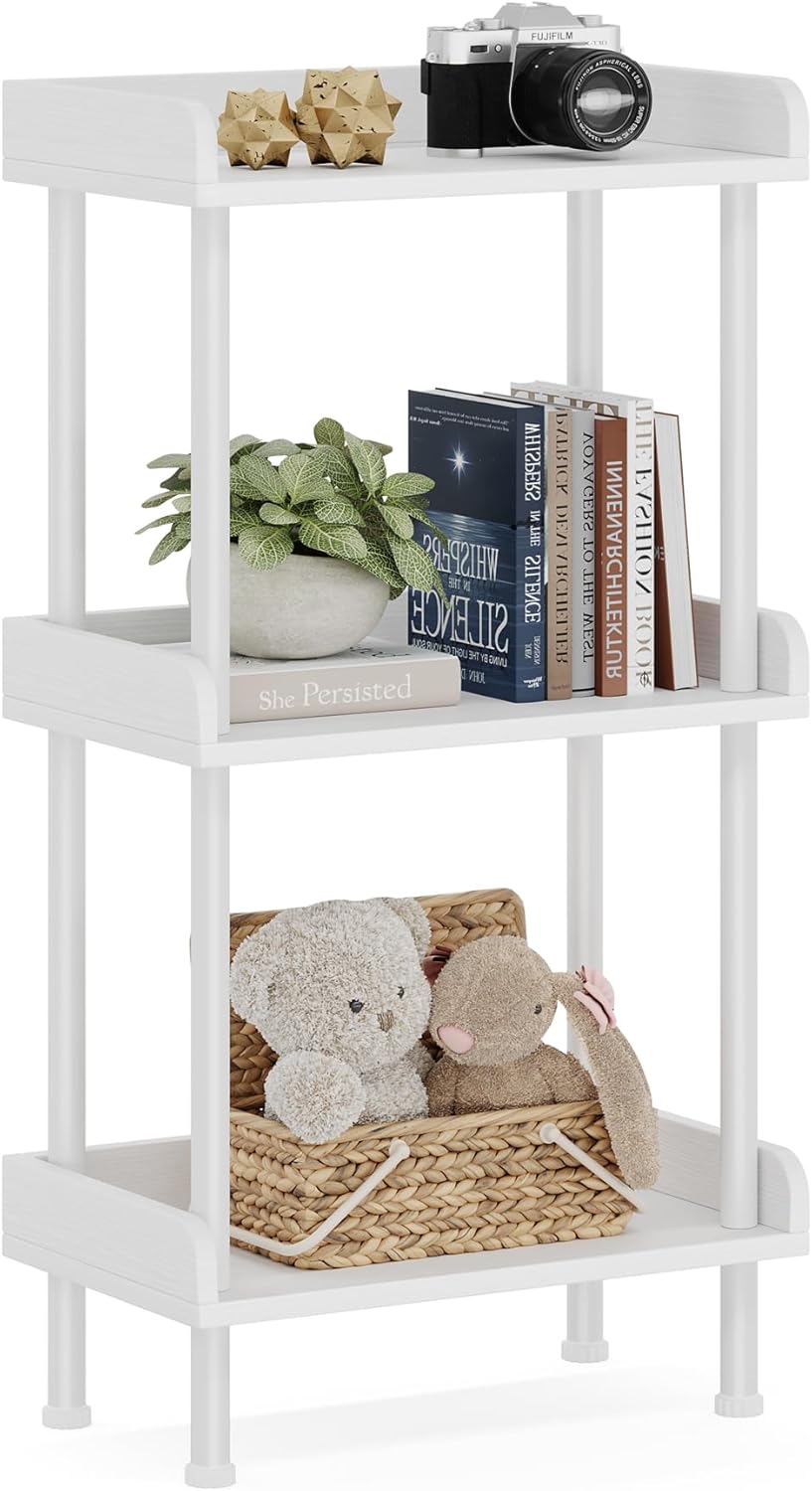 Hosfais 3 Tier Wood Bookcase Industrial Bookshelf with Edge Protection Metal Standing Book Shelves Display Book Rack for Living Room Bedroom Home Office (White)