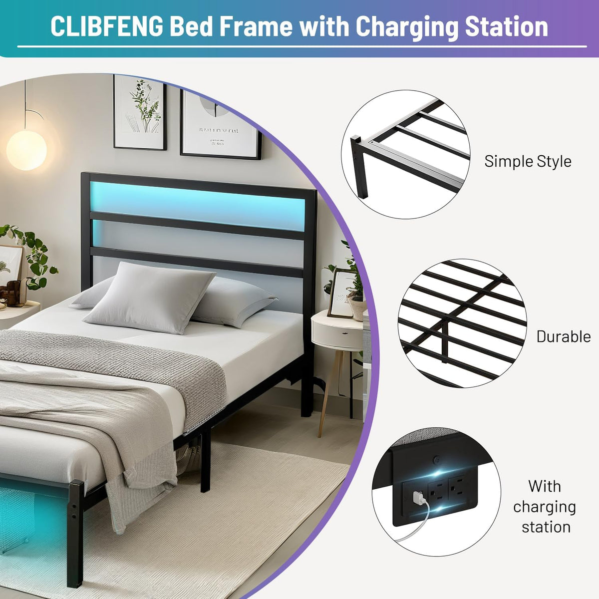Twin Bed Frame with Headboard,Heavy Duty Steel Slats Support-LED Bed Frame with USB Charging Station,Mattress Foundation-Under Bed Storage,No Box Spring Needed,Noise Free，Black