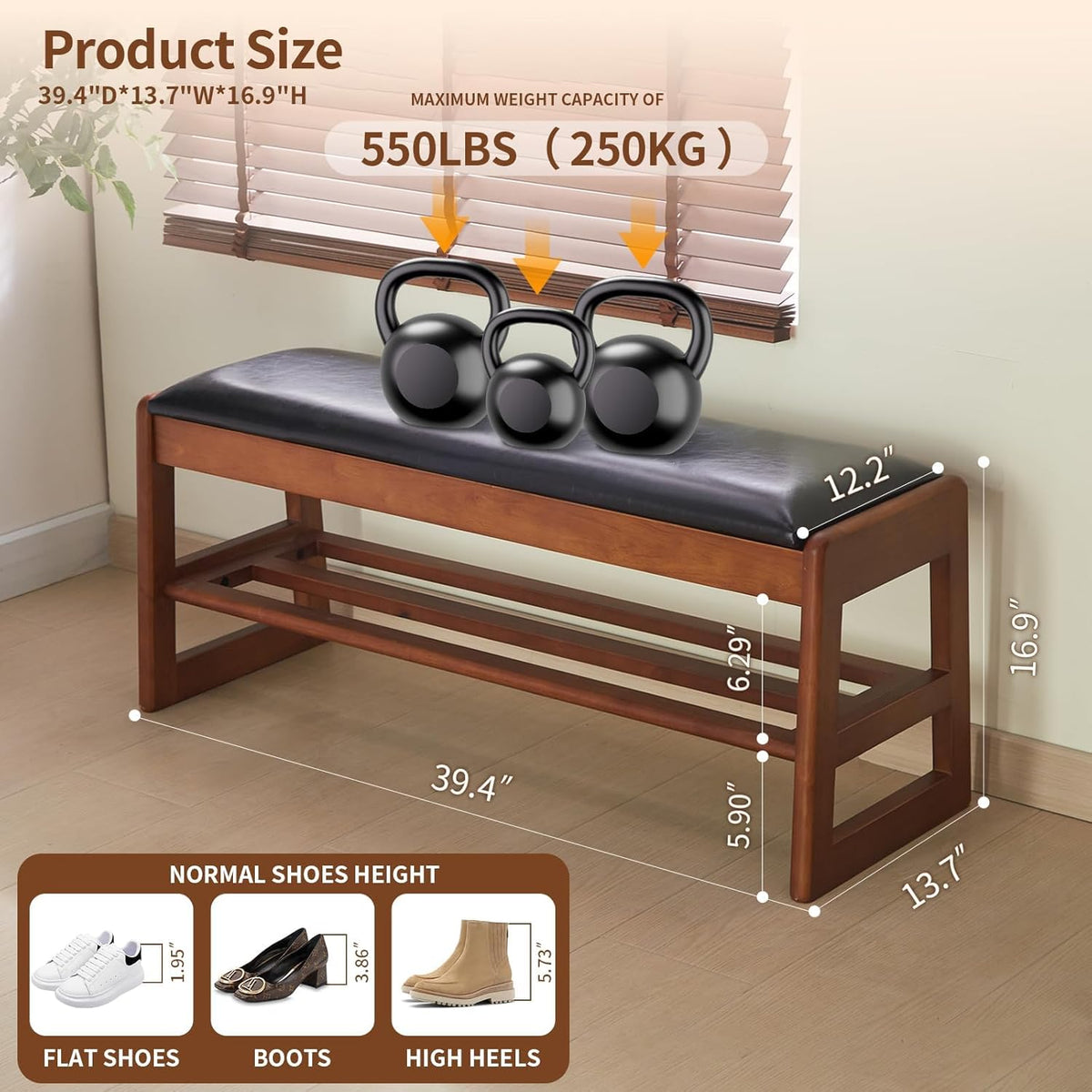 Shoe Rack Bench with Storage-Wood Shoe Bench for Entryway 40" 2 Tier Shoe Organizer with Cushion, PU Solid Wood LEDs Flip Top Entryway Shoe Organizer Space Saving Hallway