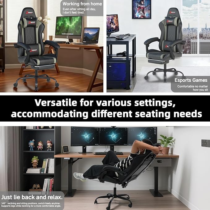 Ergonomic Gaming Chair with Footrest and Lumbar Massage, Racing Office Chair, High Back Computer Desk Chair with Headrest Pillow for Adults, Video Game Chair for PC Gamer (1001-Gray)