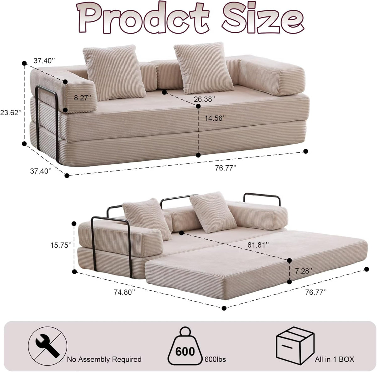 Convertible Sofa Bed, Compression Futon Sofa with Pillows & Armrest, Foldable Mattress Couch with Fixed-Shape Frame, Comfy Couch Lounge Sleeper Bed for Living Room Bedroom, Light Gray