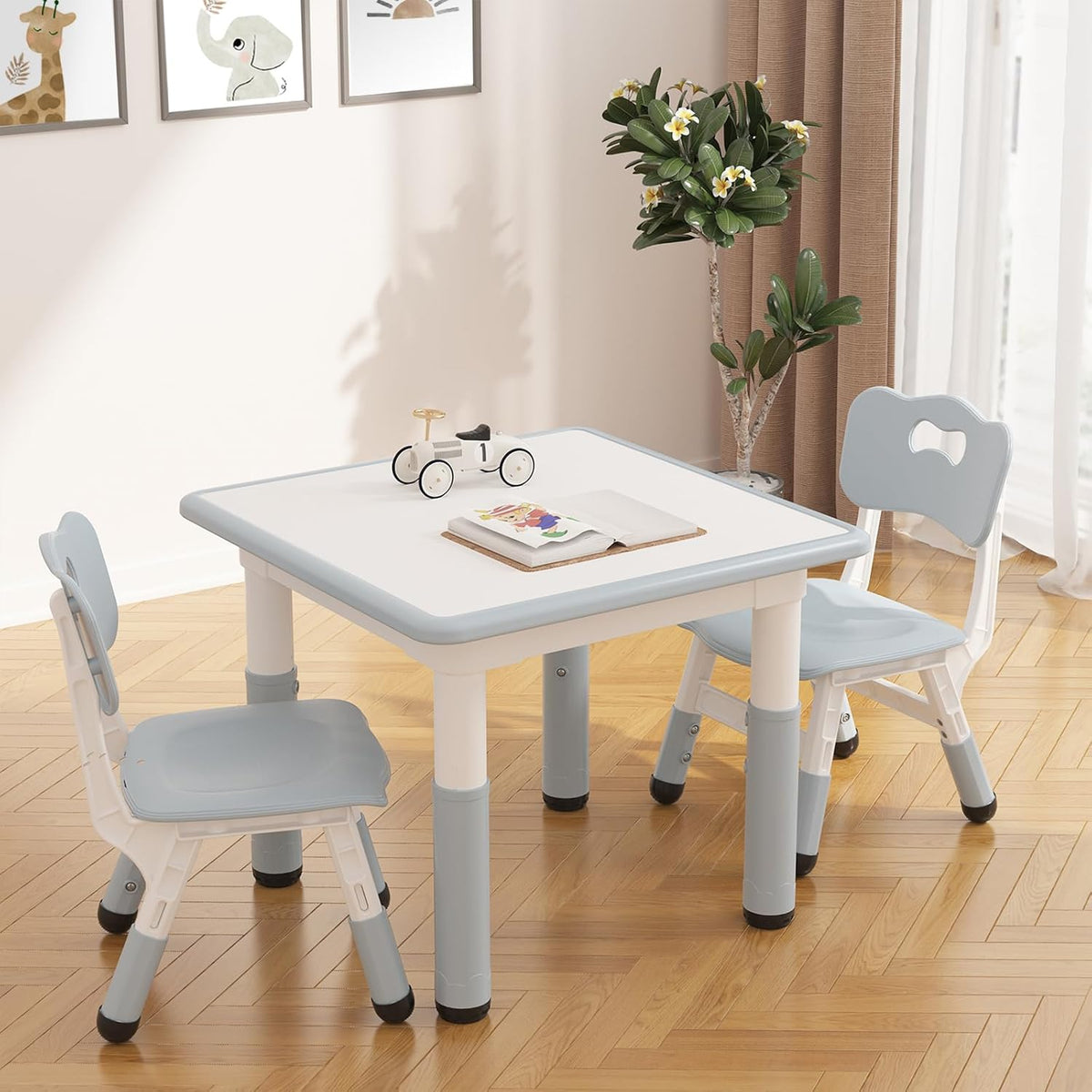 GarveeHome Kids Table and 2 Chairs Set, Height Adjustable Toddler Table and Chair Set for 2, Graffiti Desktop, Non-Slip Design, Children Table for Home Daycare Preschool for Ages 2-8, Gray Blue