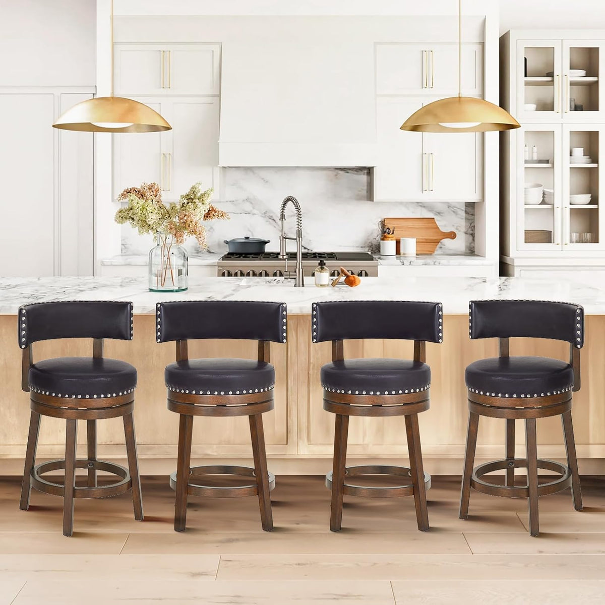 COLAMY Swivel Bar Stools Set of 4, 25 Inch Wood Swivel Barstools with Back, Counter Height Bar Stools, Modern Upholstered Barstools for Kitchen Island Dining Room Bar, Dark Brown