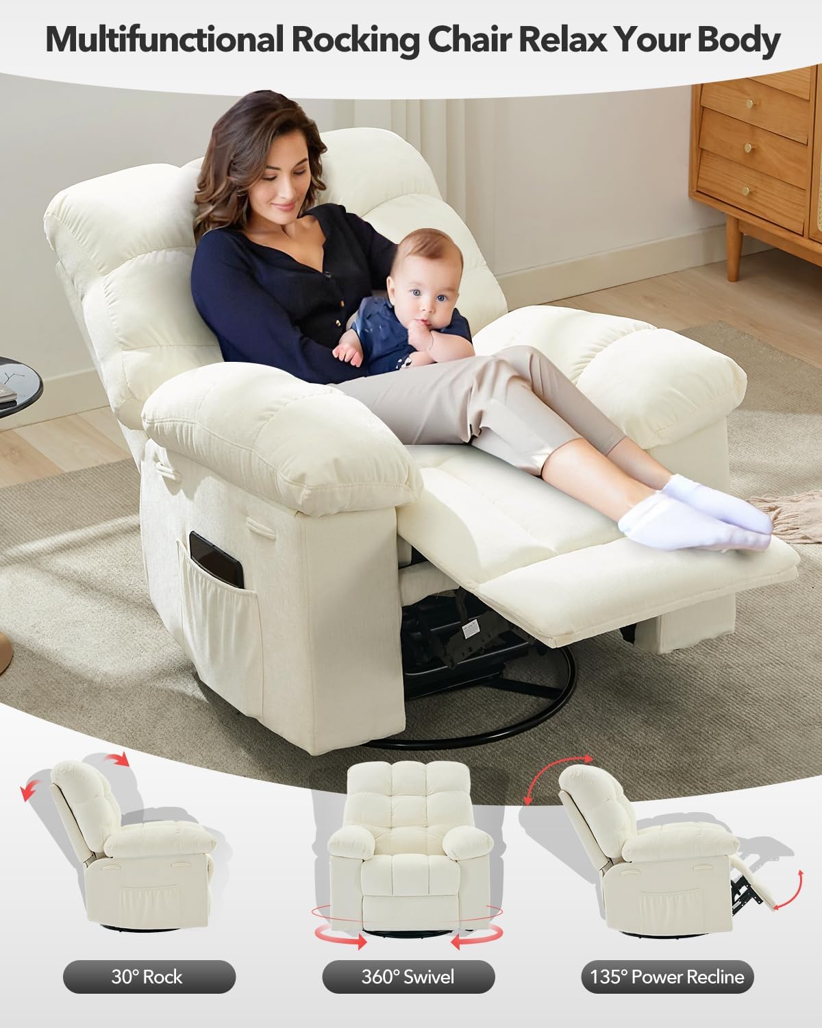 Rocking Recliner Chair,360° Swivel Rocker Chair for Living Room,Upholstered Fabric Glider Nursery Chair with Side Pockets for Small Spaces,Q235 Steel Frame Lazy Boy Recliner Single Sofa(Beige)