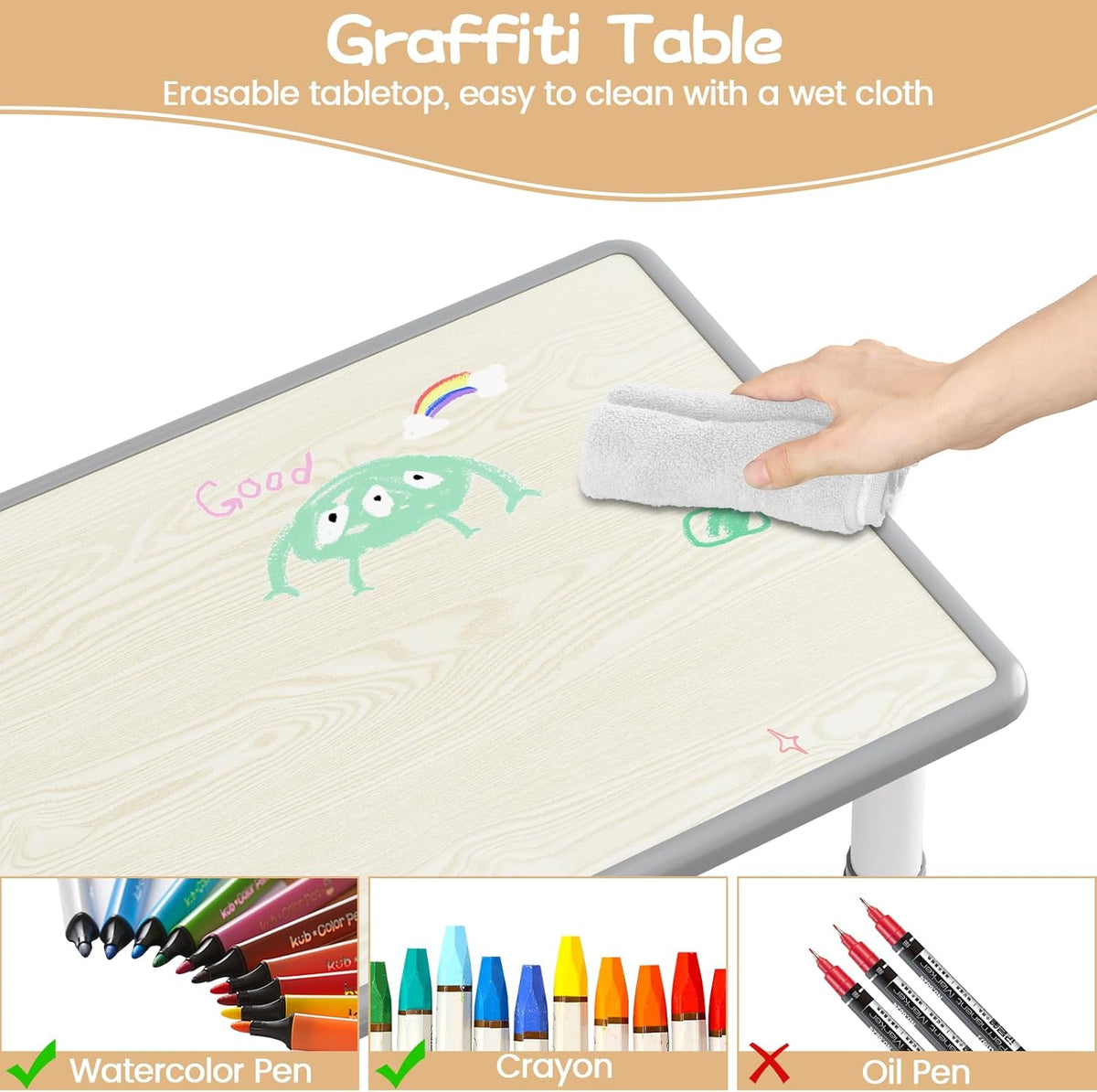 GarveeHome Kids Table and 6 Chairs Set, Height Adjustable Toddler Table and Chair Set, Graffiti Desktop, Children Study Play Dinner Table for Home Daycare Preschool for Ages 2-8, Grey