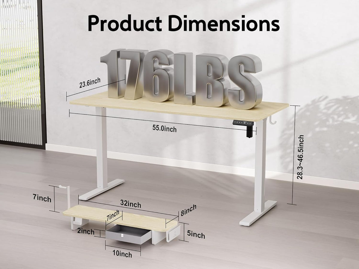55x24 Inches Electric Standing Desk with Drawer and Monitor Stand, Height Adjustable Stand up Desk for Home Office, Ergonomic Sit to Stand Desk with Phone Holder, 3 Hooks, Oak