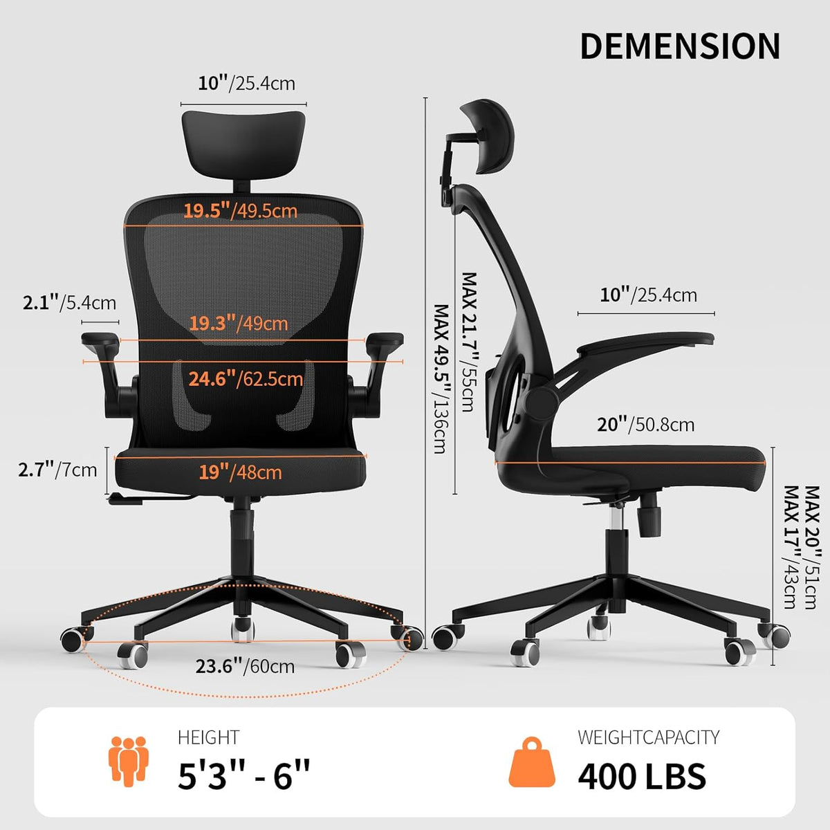 Monhey Office Chair Ergonomic Desk Chair with Lumbar Support&Headrest&Flip-up Arms Height Adjustable Rocking Swivel High Back Computer Chair Black Mesh Study Chair (03All Black)