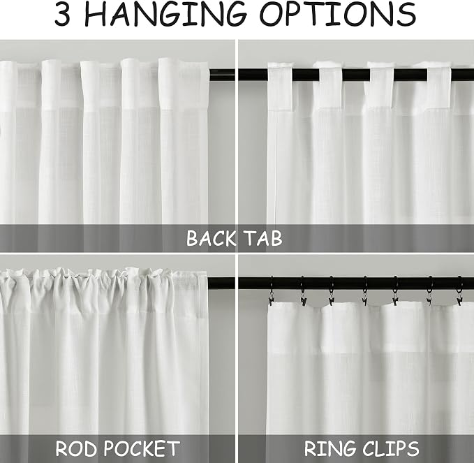 Off White Linen Sheer Curtains 102 Inches 2 Panels Set Back Tab Rod Pocket