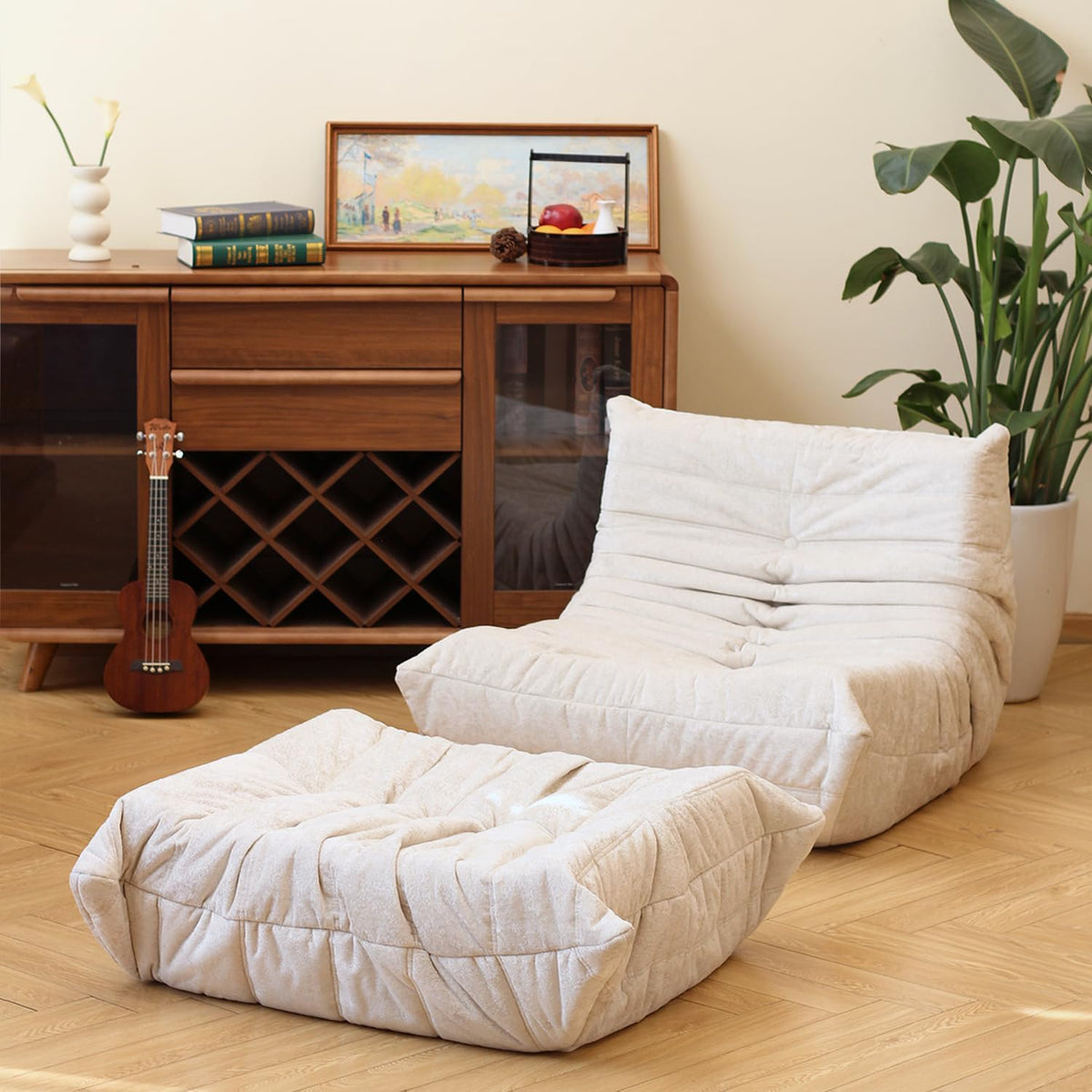 N&V Fireside Chair, Mid Century Armless Floor Sofa, Soft Premium Chenille Floor Lounge Chair, Foam Sofa Accent Chair for Living Room Bedroom and Office (White, Single)