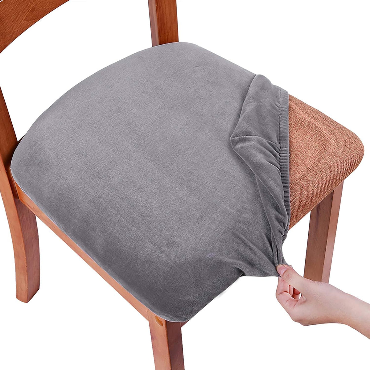Smiry Velvet Seat Covers for Dining Room Chair Set of 6, Stretch Fit Removable Washable Chair Seat Cushion Protector Slipcovers with Ties, Grey