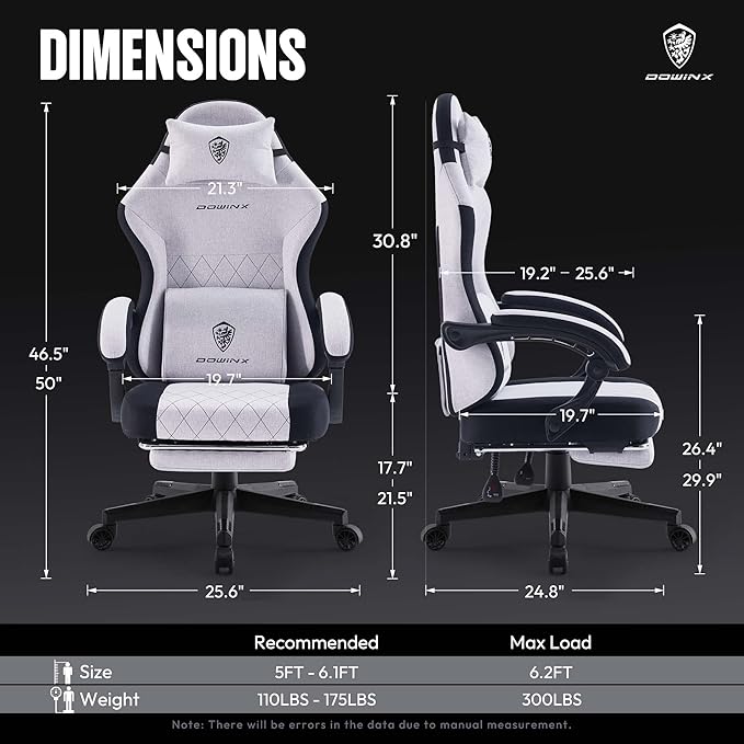 Dowinx Fabric Gaming Chair, Ergonomic Computer Chair with Footrest and Pocket Spring Cushion, Height Adjustable Video Gamer Chair with Lumbar Support for Adults, White Grey