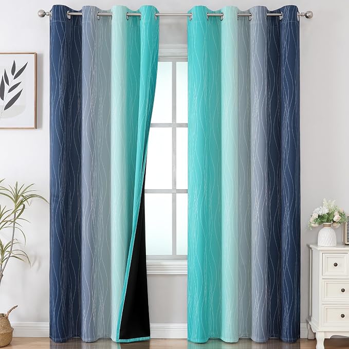 Estelar Textiler Navy Blue and Teal Gradient Blackout Curtains