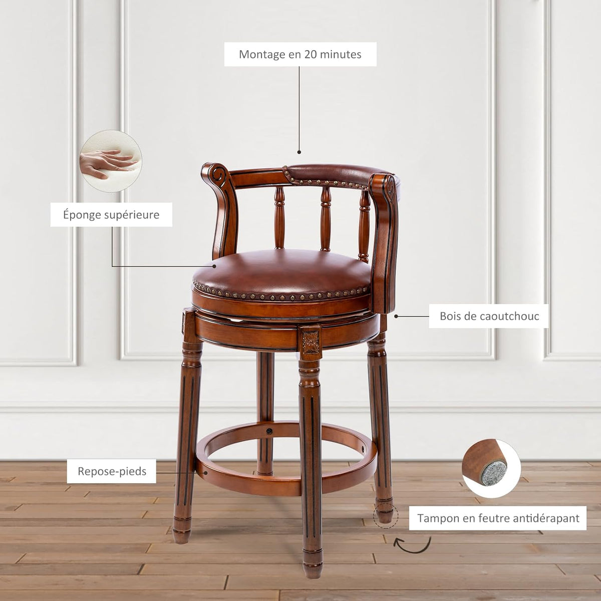 Cow top Leather Wooden Bar Stools, 360 Degree Swivel Bar Height Chair with Backs for Home Kitchen Counter, Morden Chair Barstools (Brown 1pc, Counter Height-Seat Height 26”)