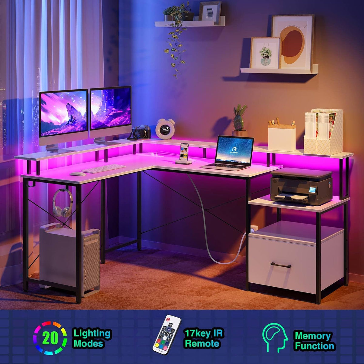 Rolanstar Computer Desk with File Drawer, 64" L Shaped Desk with Power Outlet & LED Strip, L Shaped Computer Corner Desk with File Cabinet, Gaming Desk with Monitor Shelf, Home Office Desk, White
