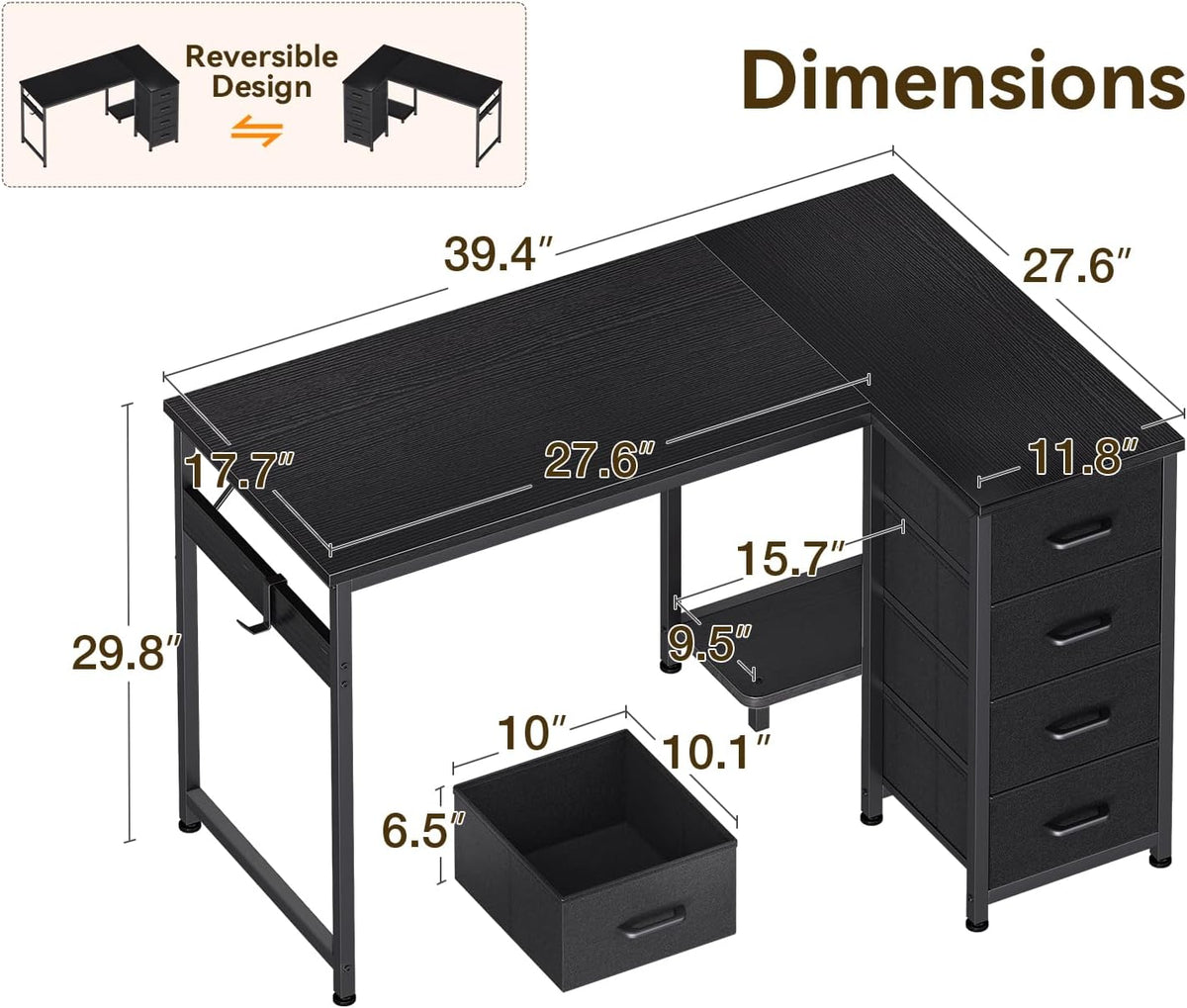 Casaottima L Shaped Desk with 4 Drawers, 40" Small Corner Computer Desk with Storage, Reversible Kids Study Table with CPU Stand & Hook, Work Table for Home Office, Black