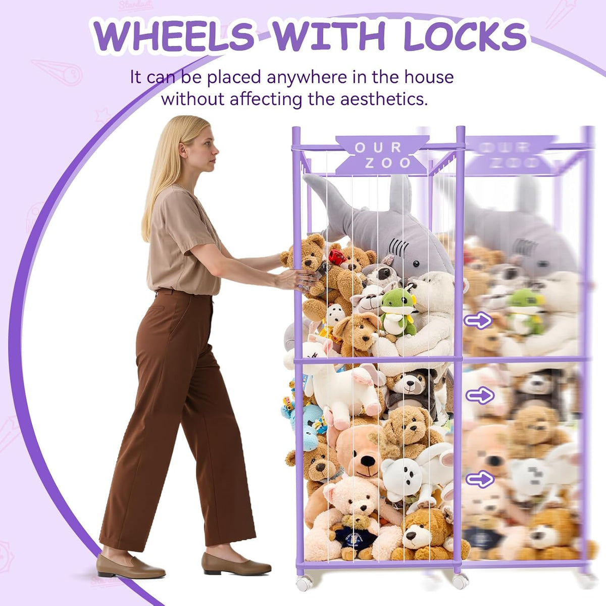 Stuffed Animal Storage Zoo with Wheels, Wooden Large Stuff Animals Plushies Holder Toy Organizer Kids Plush Storage Cage with Elastic Band and Net for Nursery Playroom Corner for Toddler (Purple)