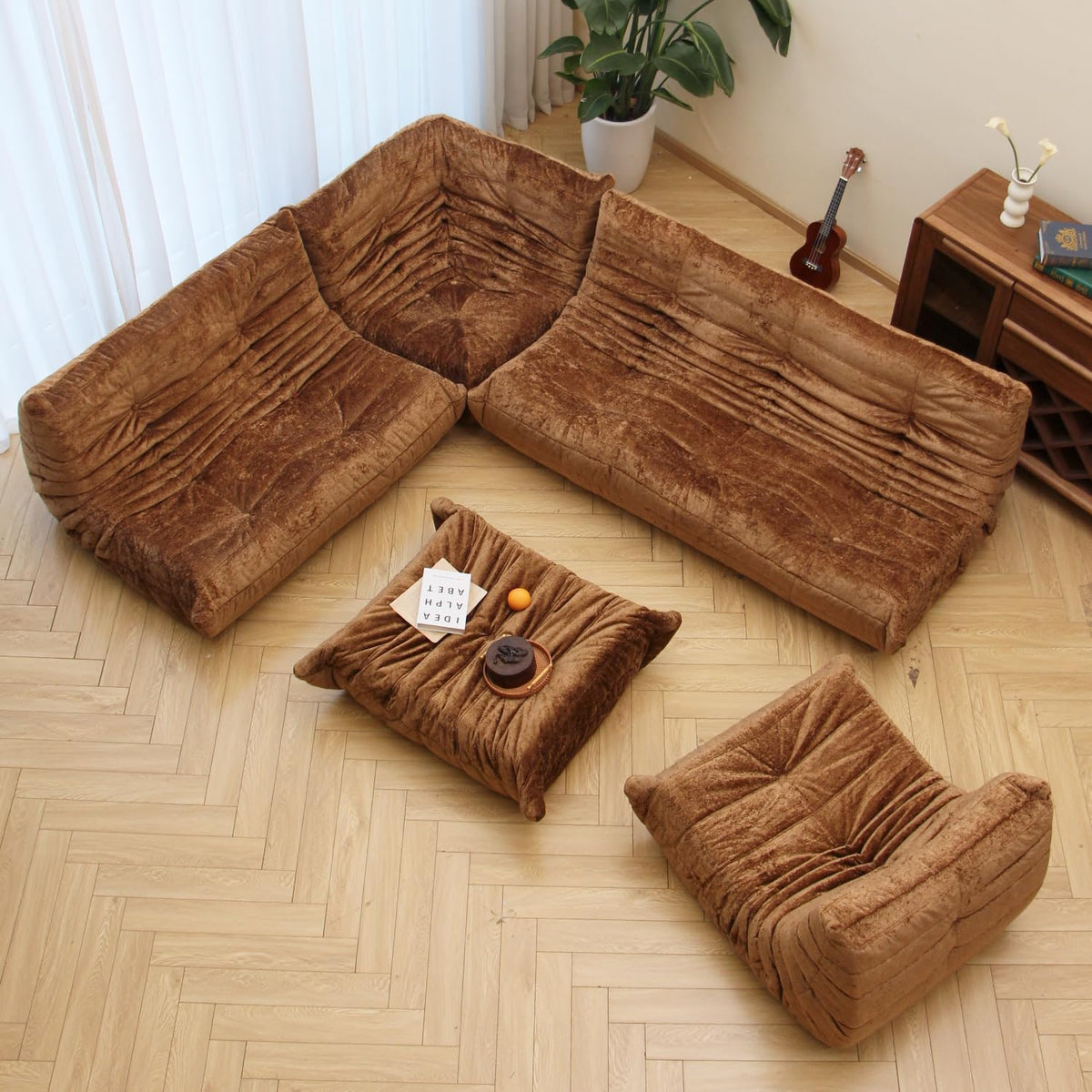 N&V Fireside Chair, Mid Century Armless Floor Sofa, Soft Premium Chenille Floor Lounge Chair, Foam Sofa Accent Chair for Living Room Bedroom and Office (Brown, Ottoman)