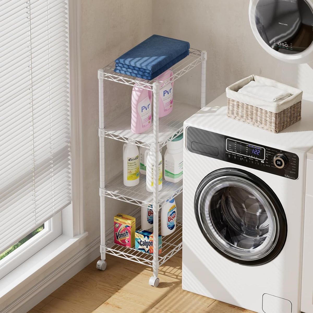 SINGAYE 4 Small Shelves Storage Shelf Wire Shelving Unit Metal Shelf Adjustable Organizers Storage Shelving with Wheels for Bathroom Laundry Room Kitchen Pantry11.5”D x 17.3”W x 44.5”H White