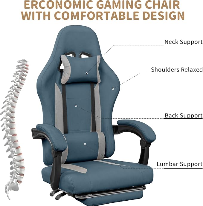 Breathable Fabric Gaming Chair with Footrest, Height Adjustable Game Chair, Video Gaming Chair for Gaming Room, Living Room and Office - Blue/Light Grey