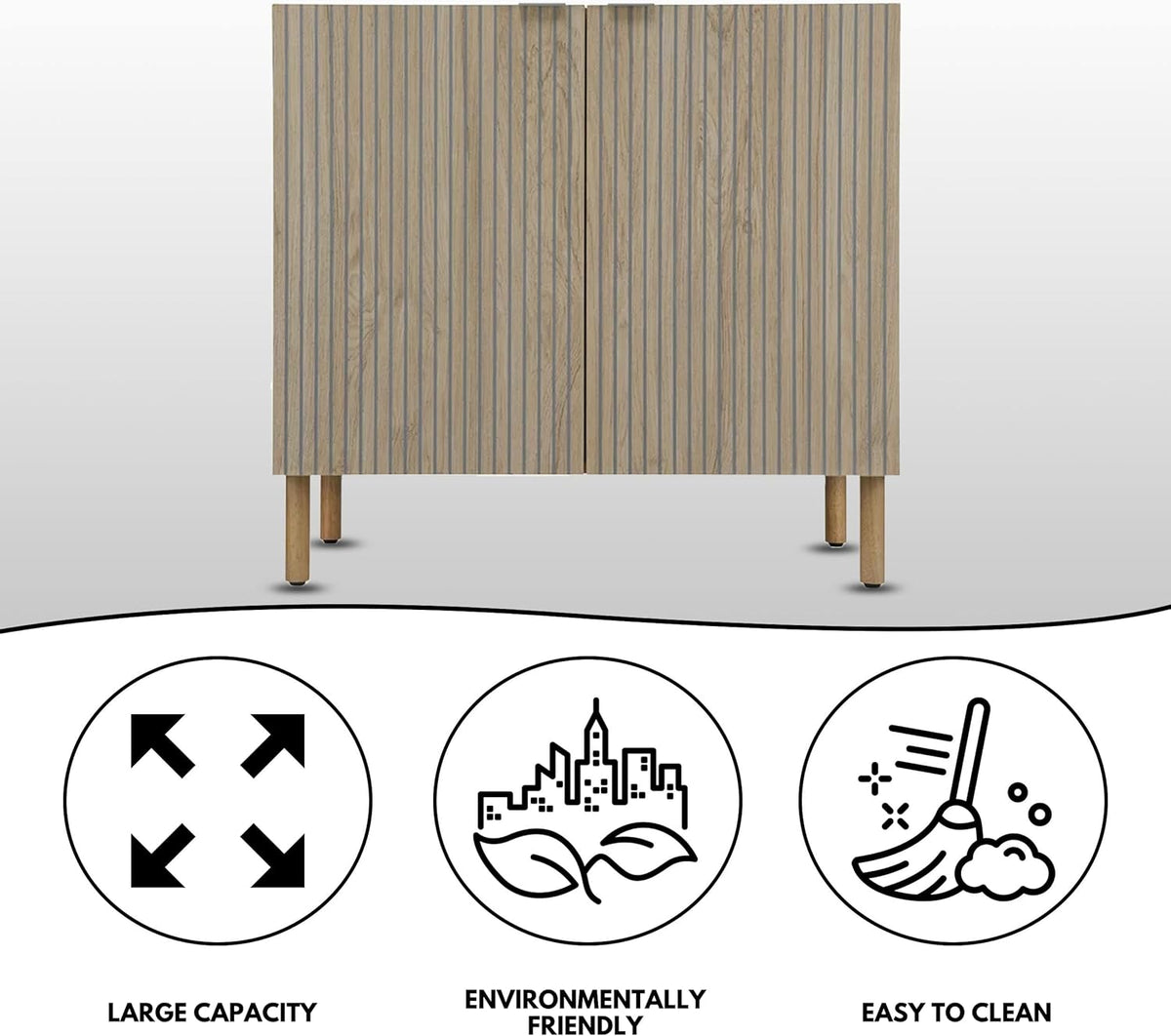 Sango Merk 2-Door Cabinet, Modern Brown Storage Cabinet with Vertical Groove Doors, Adjustable Shelf, Cylindrical Wood Legs, Discreet Metal Finger Pulls, Stylish Furniture for Living or Dining Room
