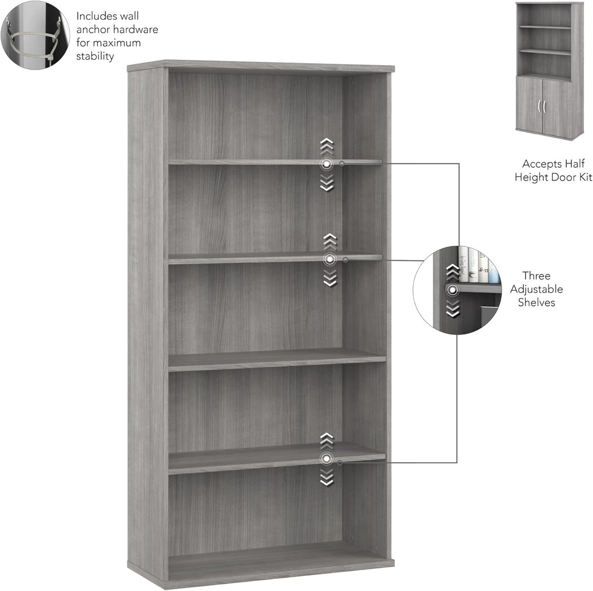 Bush Business Furniture Studio C 5 Shelf Bookcase, Platinum Gray