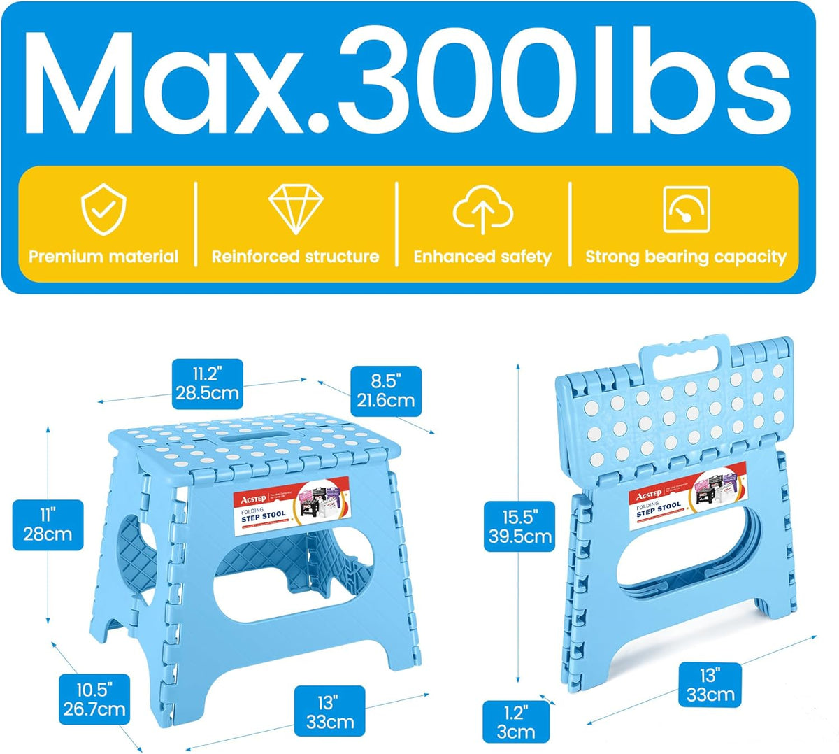 ACSTEP Folding Step Stool for Adults 11 Height Lightweight Plastic Stepping Stool Foldable Step Stool Hold up to 300lbs Non Slip Collapsible Stool Blue