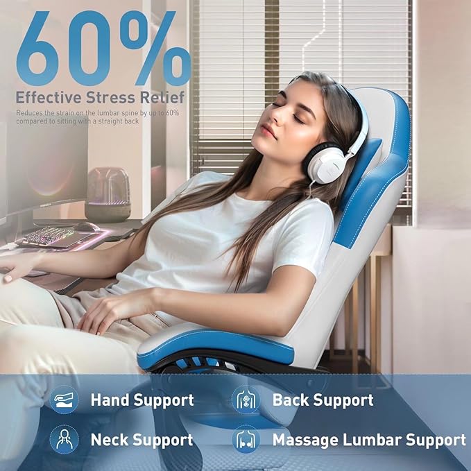 HLDIRECT Gaming Chair, Ergonomic Video Game Seat with 360° Swivel & Lumbar Massage, Computer Chair PU Leather Cushion for Adults Home/Office Use (Whtie & Blue)
