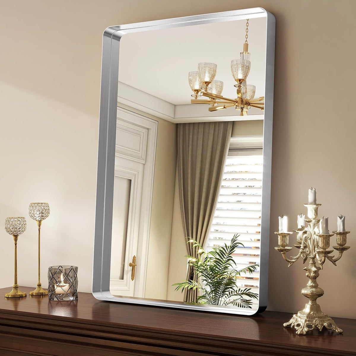 Silver Bathroom Mirror for Wall, 36x24 Inch Rectangular Aluminum Alloy Framed Mirror, Modern Wall Mounted Vanity Mirror for Bathroom, Vertical or Horizontal