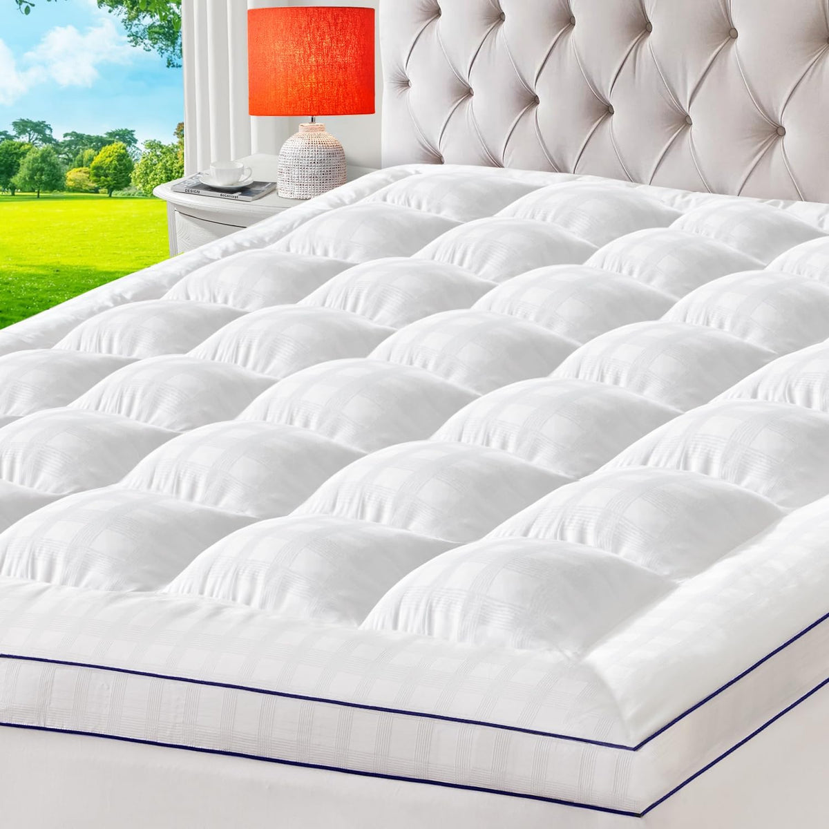 ELEMUSE California King Cooling Mattress Topper, Extra Thick 1300gsm Mattress Pad for Back Pain, Plush 500TC Cotton Pillow Top with Deep Pocket, Overfilled with Mixed Advansa Down Alternative Filling