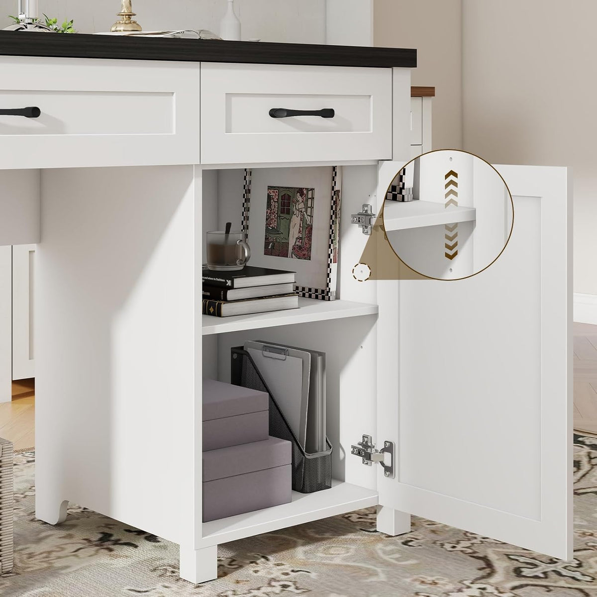 Farmhouse 61'' Executive Desk with 5 Drawers, Rustic Office Desk Computer Desk with Charging Station, File Drawers and Storage Cabinet, Wood Workstation for Home Office and Study.(Black Top)