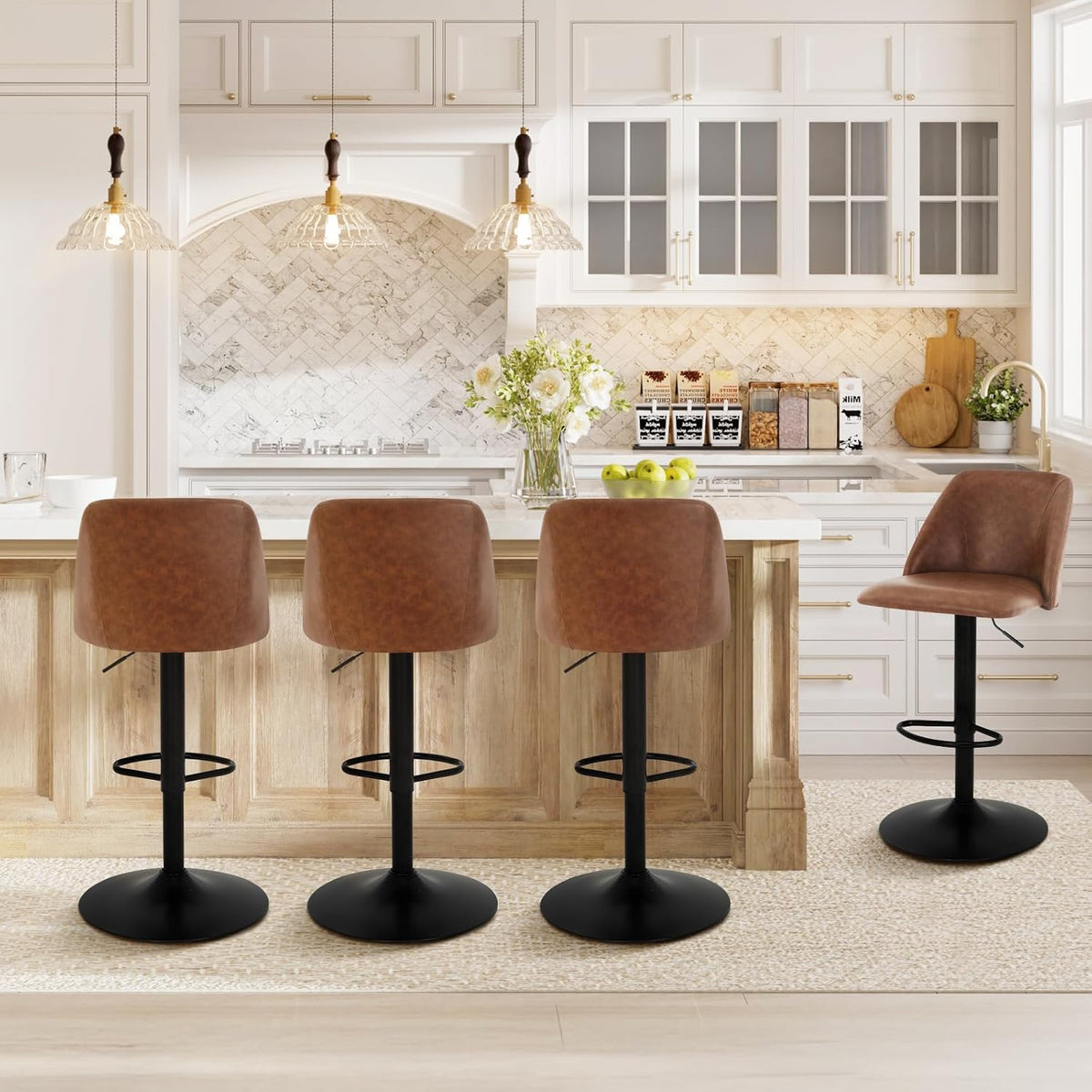 COLAMY Bar Stools Set of 4, Modern Swivel Bar Chairs, Adjustable PU Leather Upholstered Barstools Counter Height with Full Backrest for Bar, Dining Room, Kitchen Island, Brown