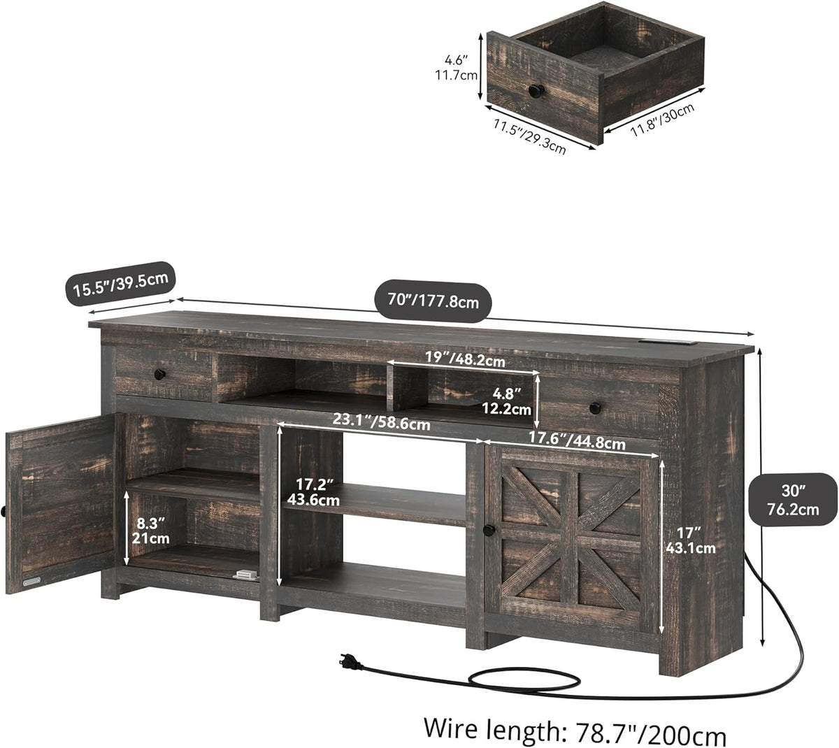 YITAHOME TV Stand for 75/80 Inch TV, Entertainment Center, TV Cabinet with Drawers and Power Outlet, Dark Rustic Oak TV Console for Living Room Furniture (70 Inch Lenght 30 Inch High)