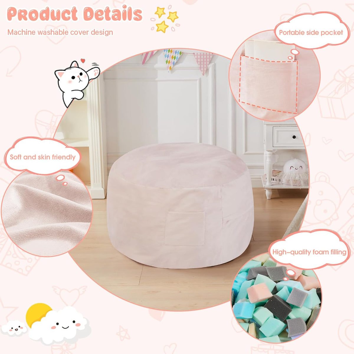 Kids Bean Bag Chair Bed - Convertible Lazy Chair to Floor Mattress with Filler - Small Beanbag Chair for Boys and Girls - Floor Couch Sofa in Bedroom, Classroom, Reading Nook - Pink