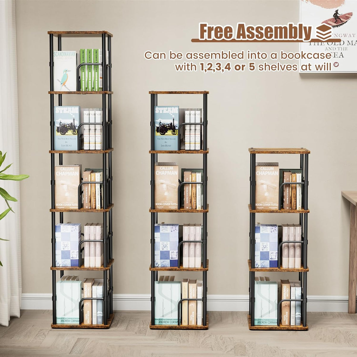 5 Tier Square Rotating Bookshelf, 360 ° Display Stackable Spinning Bookshelf Tower, Space Saving Tall Floor Standing Swivel Bookcase Corner Storage Organizer for Living Room, Rustic Brown, Small Size