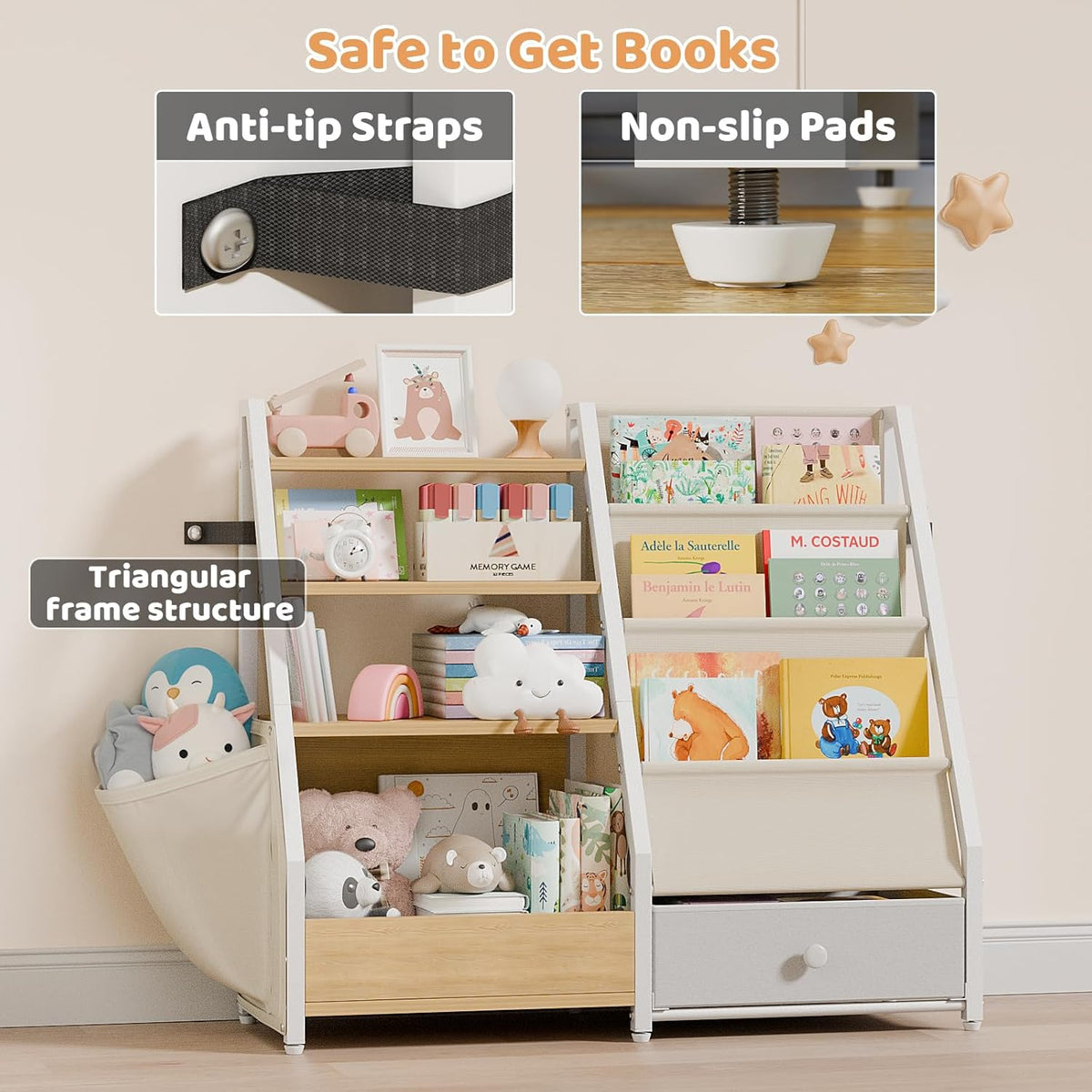 Kids Bookshelf and Toy Storage - Book Shelf for Kids Rooms, Toddler Bookshelf Baby Bookcase for Nursery, Montessori Toy Organizer, Burlywood