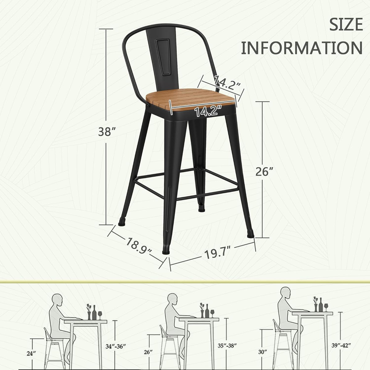 Outdoor Metal Bar Stools Set of 4,26 inch Barstools Counter Height Bar Stool with High Back Farmhouse Kitchen Dining Chairs Bar Funiture for Outside