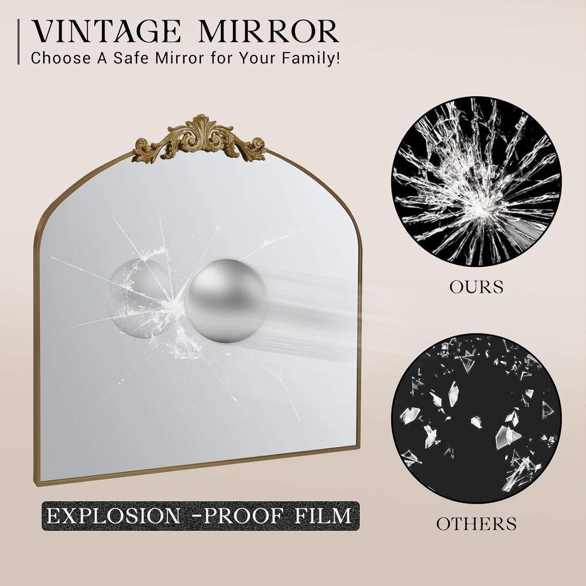 MISSDAY Vintage Retro Bronze Baroque Mirror for Wall, 36"X30" Arched Antique Wall Mirror with Elegant Carving Top, Full Metal Frame Wall-Mounted Mirror for Bathroom, Living Room, Fireplace, Entryway