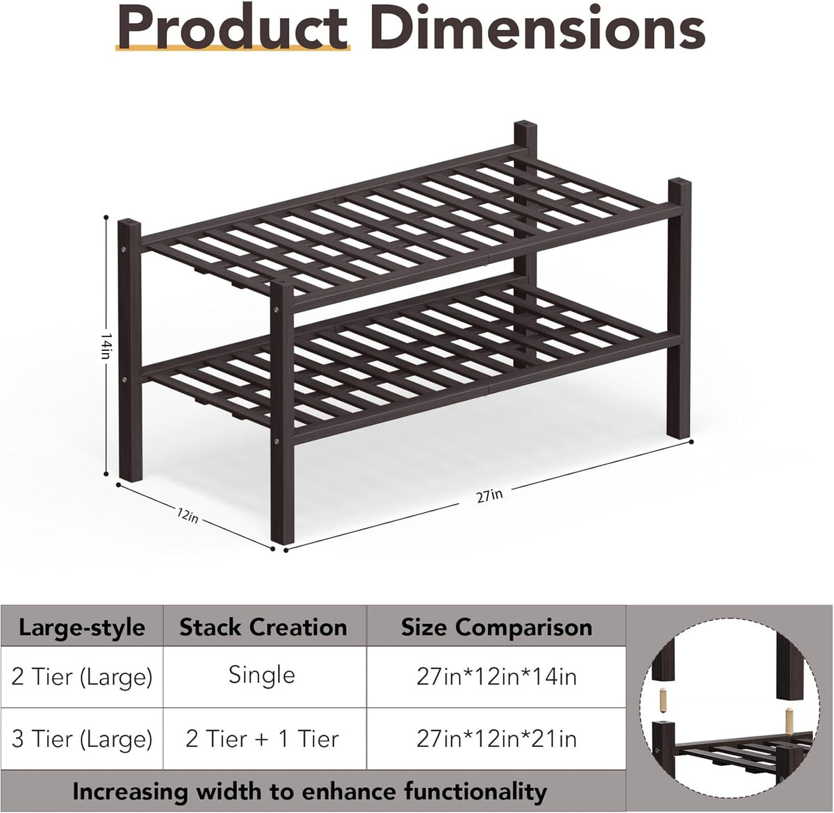 Haddockway Large 2 Tier Bamboo Shoe Rack Storage Organizer, Multifunctional Free Standing Stackable Shoe Shelf with Grid Panel for Closet,Hallway,Entryway,Small Space 27"x12"x14"(Brown, 2-Tier(Large))